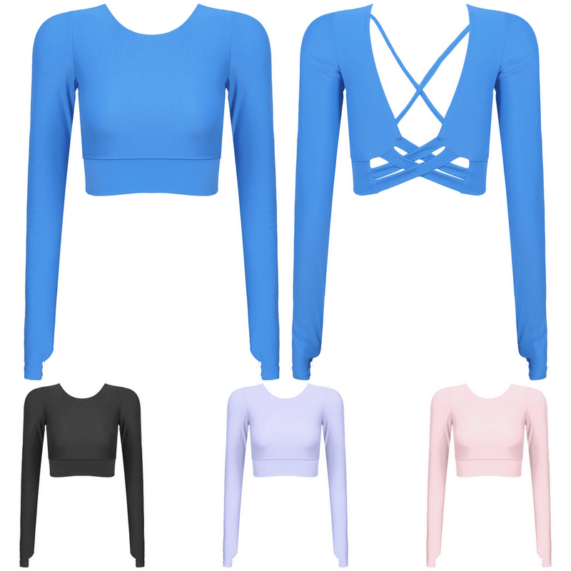 Sports seamless long sleeves cropped tops with back cross strappy design in blue, black, lavender, and pink, showcasing breathable material.